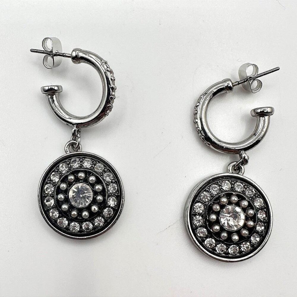 Vintage 90s Silver Tone Glass Dangle Hoop Earrings Boho Round Sunburst Jewelry